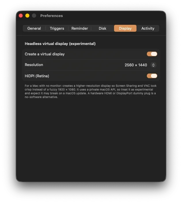Keepresso's Display preferences: a Headless virtual display section with a Create a virtual display toggle, a resolution picker set to 2560 by 1440, and a HiDPI Retina toggle