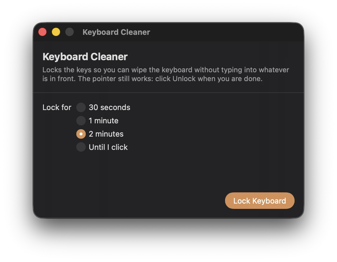 Keepresso's Keyboard Cleaner window with 2 minutes selected and a Lock Keyboard button