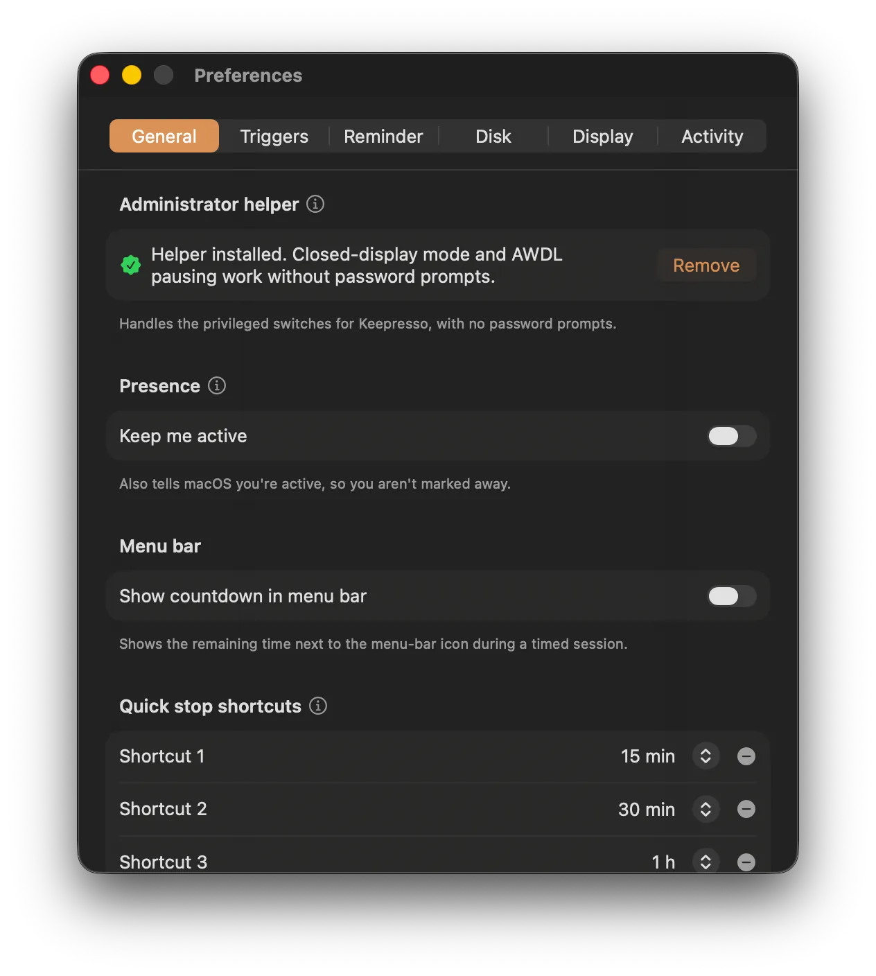 Le preferenze Generali di Keepresso con la sezione Presenza: un interruttore Resta attivo e la nota che spiega come segnali anche a macOS che sei attivo, così non risulti assente