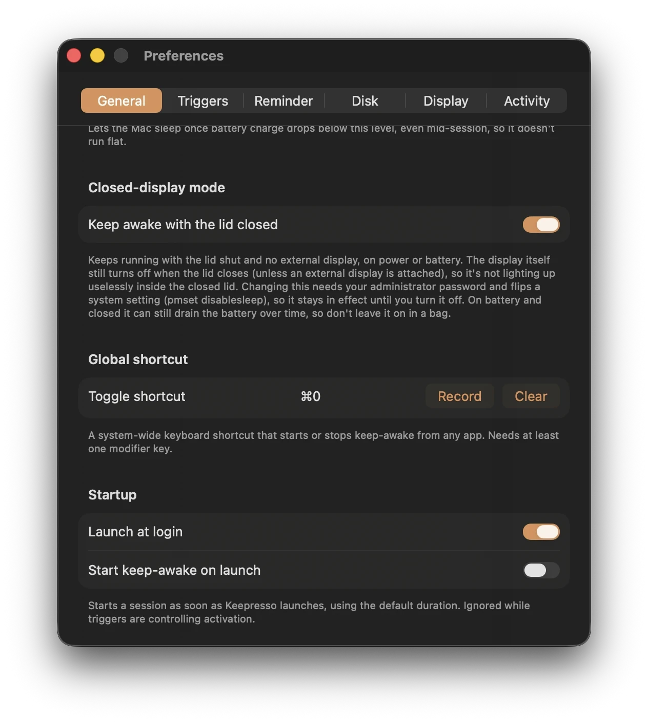Keepresso General preferences showing a Global shortcut section with a Toggle shortcut set to Command-0 and Record and Clear buttons, and a Startup section with Launch at login on and Start keep-awake on launch