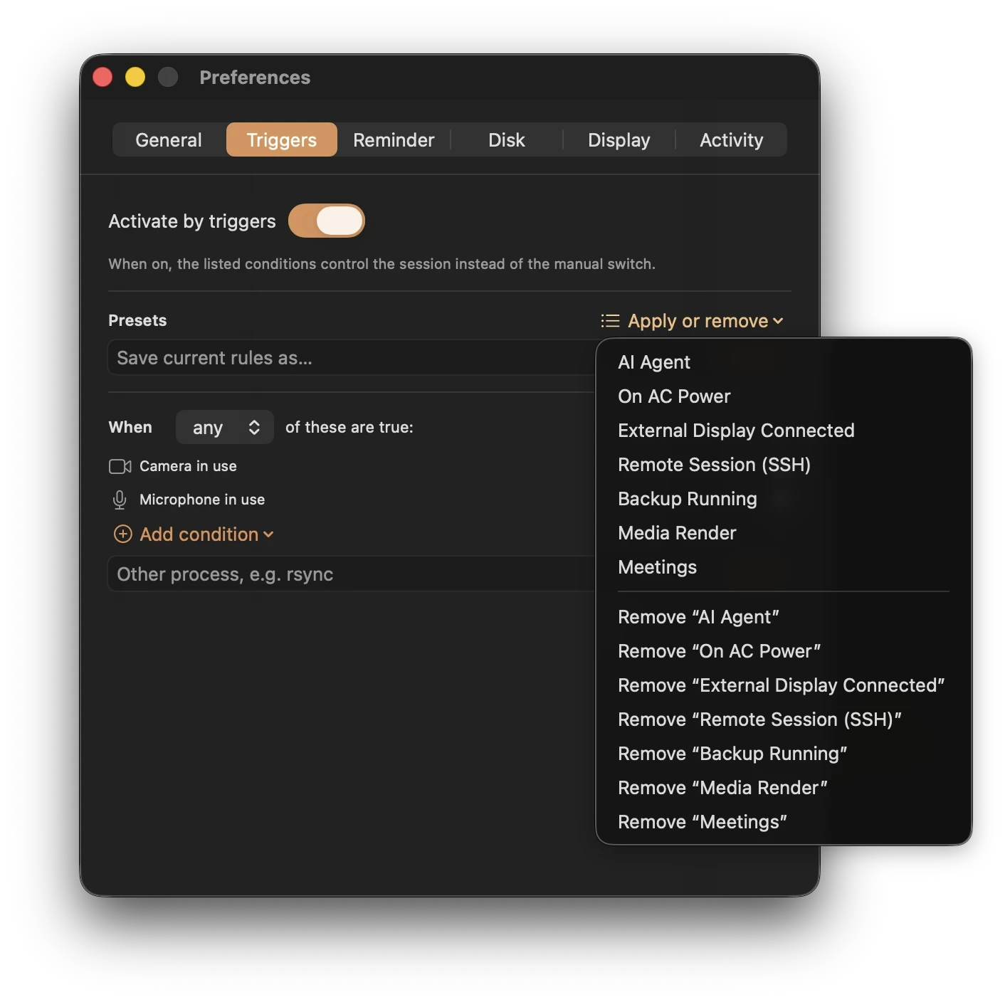 Keepresso's Triggers preferences applying the Meetings preset, which sets camera-in-use or microphone-in-use as the conditions