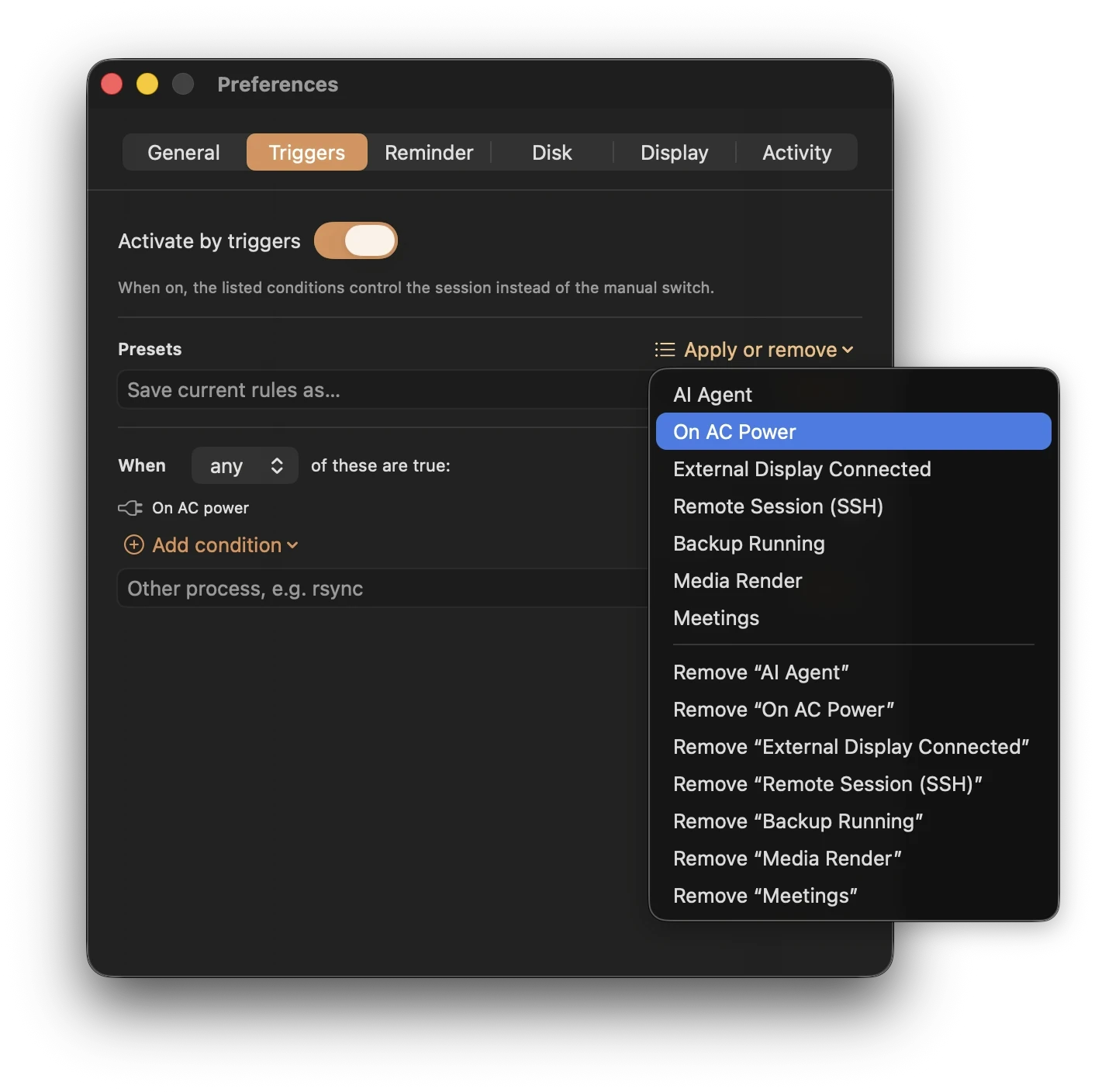 Keepresso's Triggers preferences applying the On AC Power preset, so the session holds only while the Mac is on AC power