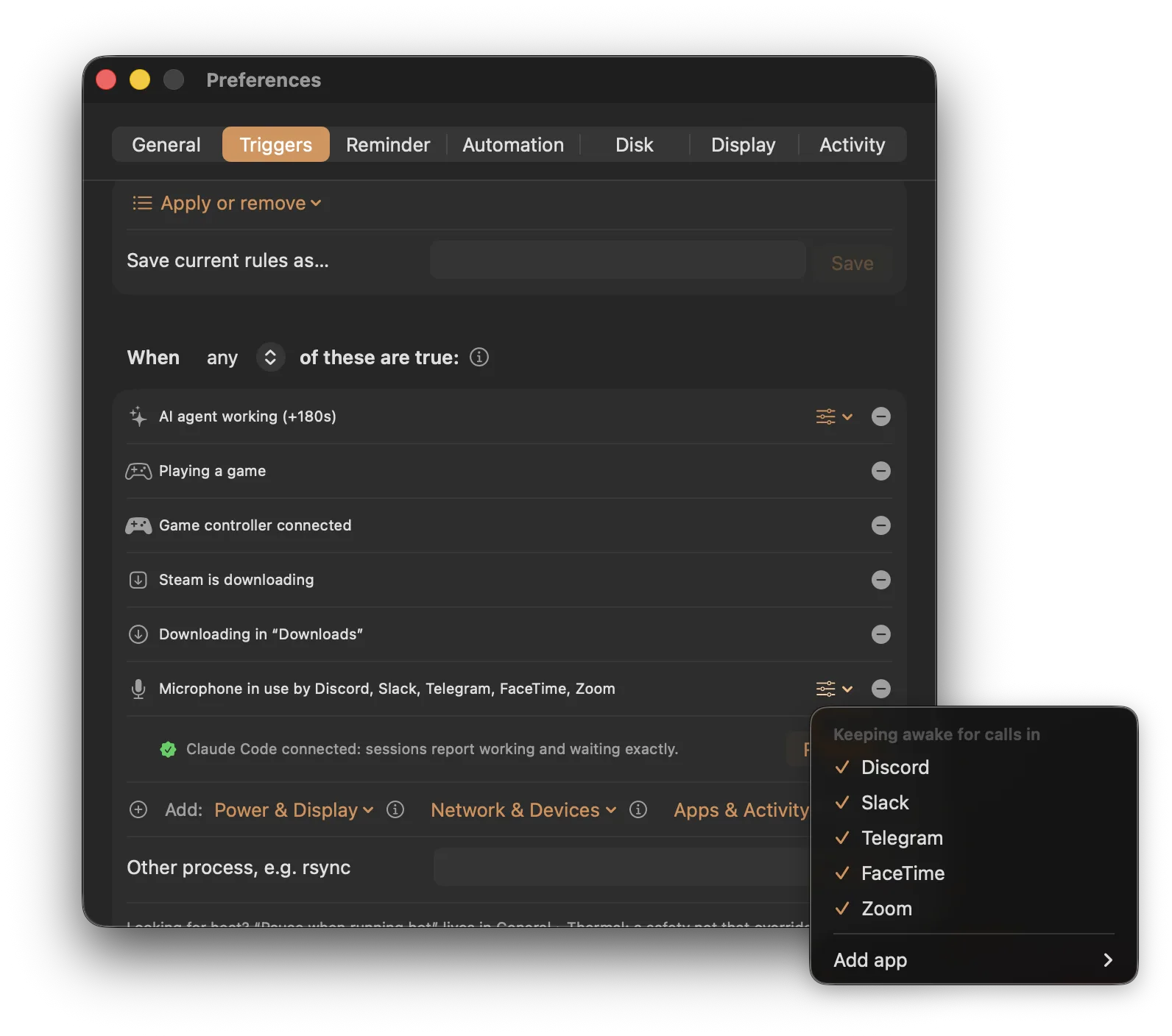 A Keepresso trigger reading “Microphone in use by Discord, Slack, Telegram, FaceTime, Zoom”, with its app list open and each call app ticked