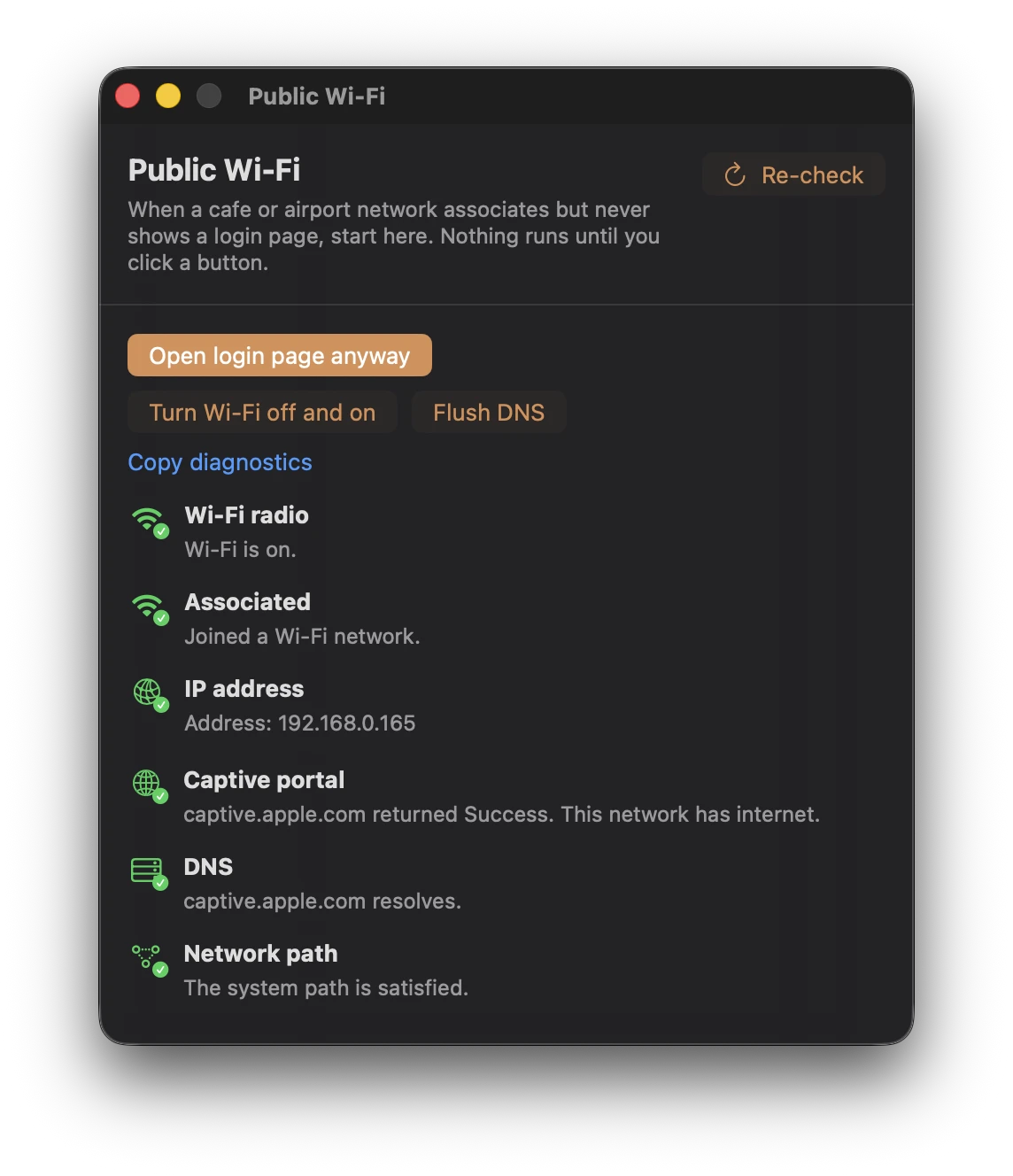 Keepresso's Public Wi-Fi assistant showing buttons to open the login page, cycle Wi-Fi, flush DNS, and copy diagnostics, followed by successful Wi-Fi, IP address, captive portal, DNS, and network path checks