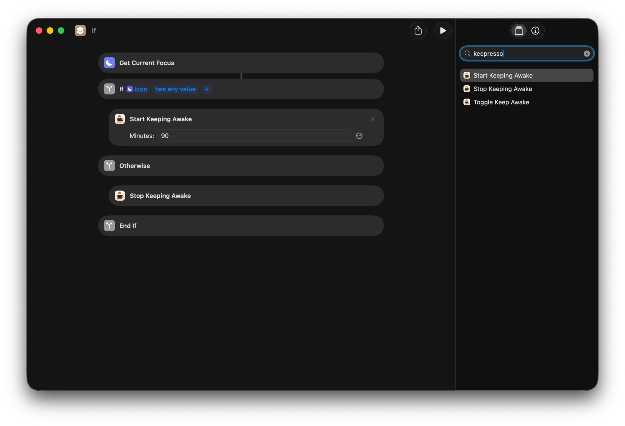A macOS Shortcuts szerkesztője a Keepresso Ébren tartás indítása műveletével, 90 percre állítva, plusz az Ébren tartás leállítása művelettel, egy If blokkon belül