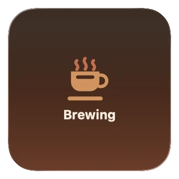Un pequeño widget de escritorio cuadrado de Keepresso mostrando una taza de café y la palabra Preparando