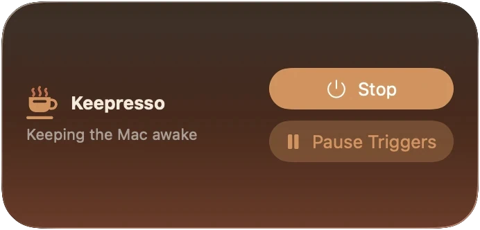 Un widget de escritorio de Keepresso mostrando el nombre de la app, Manteniendo el Mac despierto, y los botones Detener y Pausar disparadores